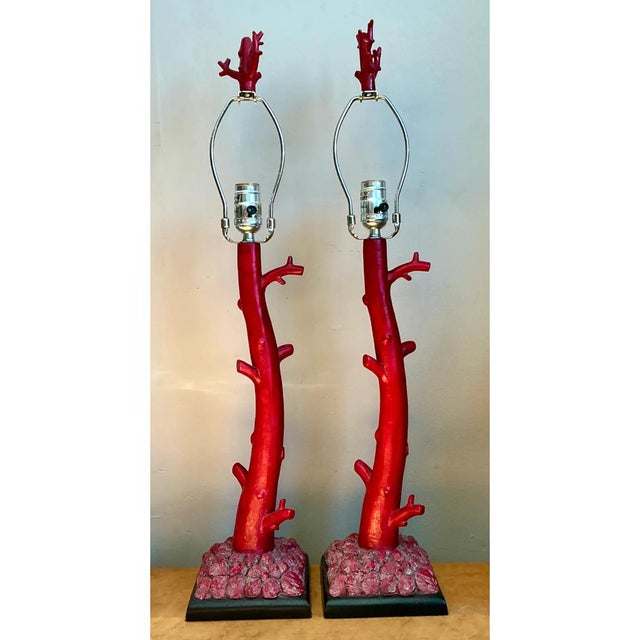Wood Vintage Red Coral Branch Table Lamps - Pair For Sale - Image 7 of 12