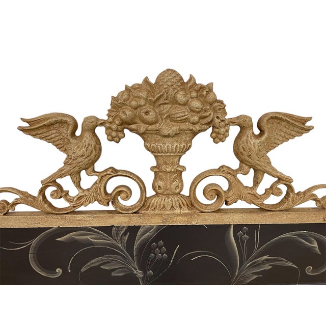 French Vintage Extra Large 1970s French Style Hand-Painted Mirror With Cast Metal Gilded Bird & Urn Crest- 76” For Sale - Image 3 of 12
