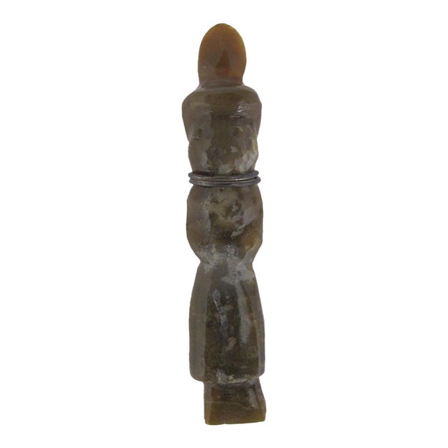 Chinese Small Carved Jade Green Stone Figurative Attendant Amulet Figurine For Sale