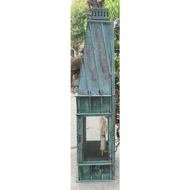 1970s Single Monumental Art Deco Style Verdigris Copper & Brass Wall Lantern For Sale - Image 5 of 14