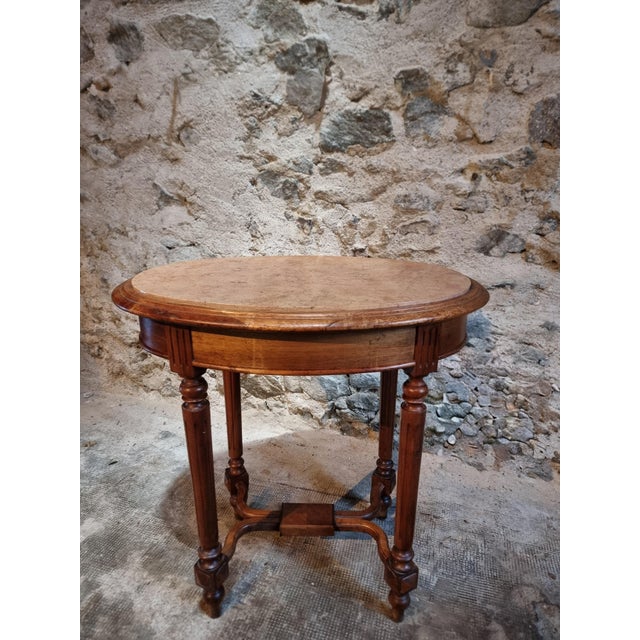 Vintage French Side Table in Walnut with Marble Top, 1920s For Sale - Image 10 of 11