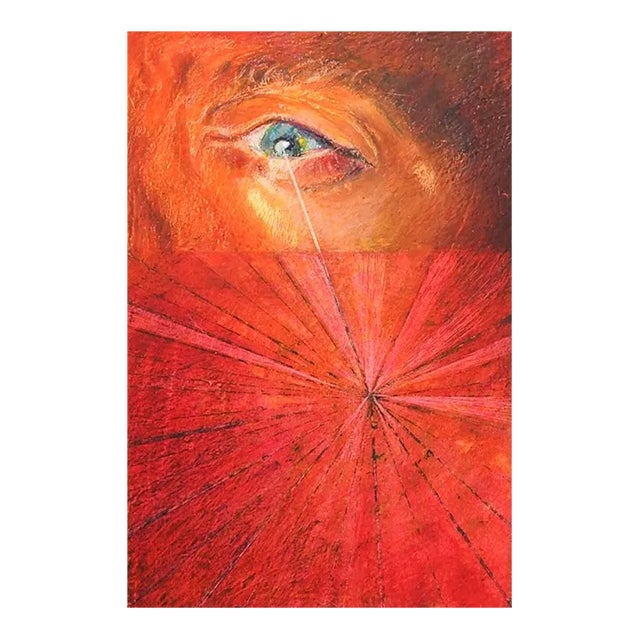 Late 20th Century Bright Red Orange Surreal Eye Painting For Sale
