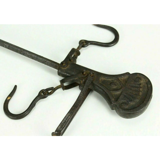 1800's Cast Iron Hanging Balance Beam Scale 3 Hooks Original Counterweight For Sale - Image 9 of 12
