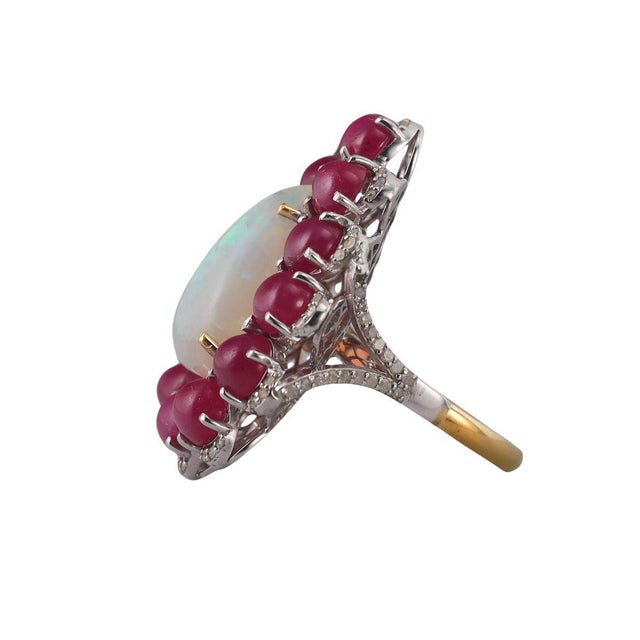 Modern Ruby, Opal and Diamond Pear-Shaped Cocktail Ring, 14k Gold and Sterling Silver For Sale - Image 3 of 8