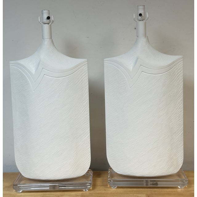 Pair of Monumental Postmodern White Lacquered Plaster Lamps by Casual Lamps A striking pair of monumental postmodern table...