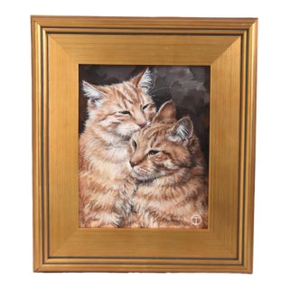 Two Orange Striped Cat Kitten Portrait Painting Including the Antiqued Gold Wood Frame For Sale