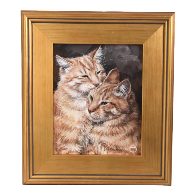 Two Orange Striped Cat Kitten Portrait Painting Including the Antiqued Gold Wood Frame For Sale