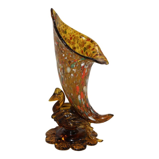 Vintage Murano Amber Glass 'End of Day' Turkey Cornucopia Vase For Sale