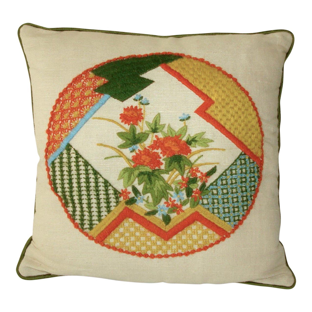 Vintage Chinoiserie Asian Crewel Embroidery Pillow Chairish