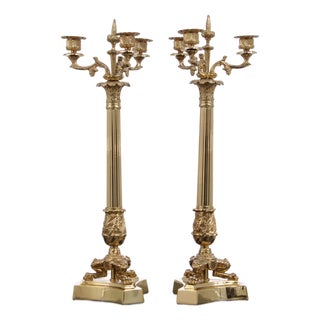Pair of Decorative Crafts Brass French Empire Candleabras For Sale
