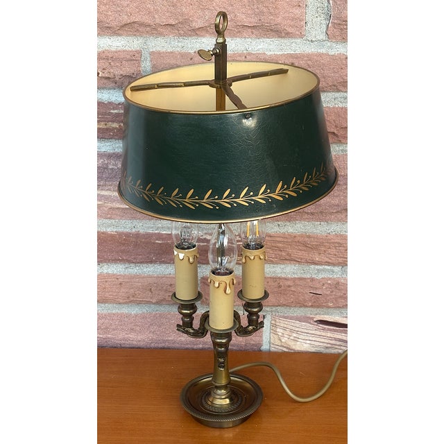 Antique French Bouilette Brass and Metal Shade 3-Light Table Lamp, 1930s, in Very Good conditions. Designed 1920 to 1949 I...