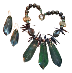 1980s Vintage Les Bernard Leaf Necklace & Earrings Demi Parure Set- 3 Pieces