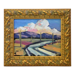 William Hawkins Mountains Puffy White Clouds Landscape Oil Painting Including the Antiqued Gold Wood Frame