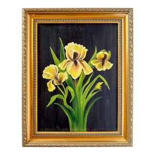 "Irises" Original Contemporary Botanical Oil Painting on Canvas With Black Background For Sale