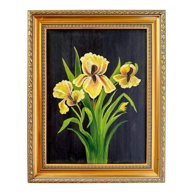 "Irises" Original Contemporary Botanical Oil Painting on Canvas With Black Background For Sale