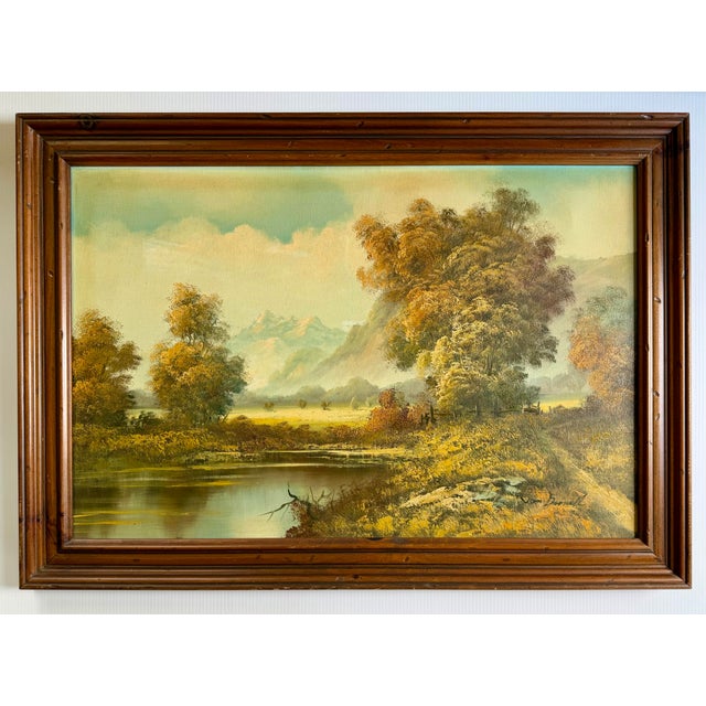 Mid-Century Signed Original Oil Painting on Canvas, Lake & Mountains 29x41 For Sale - Image 11 of 11