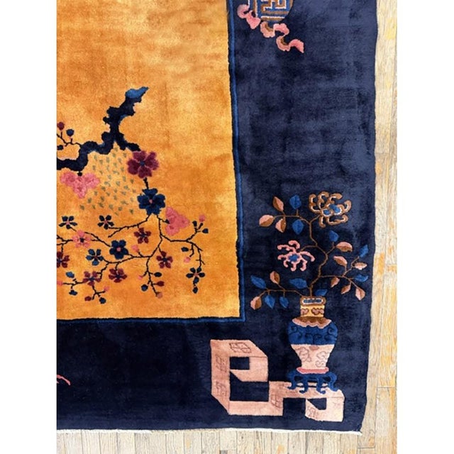 1920s Gold Field Vase Spray Flowers Shou Symbols Antique Chinese Art Deco Rug For Sale In New York - Image 6 of 9