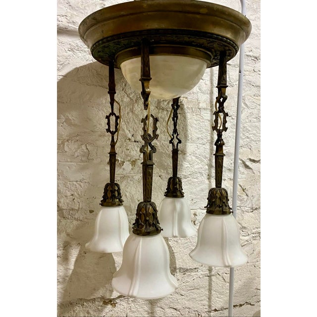 Antique Art Nouveau Patinated Brass & Opal Glass 5-Light Chandelier For Sale - Image 11 of 12