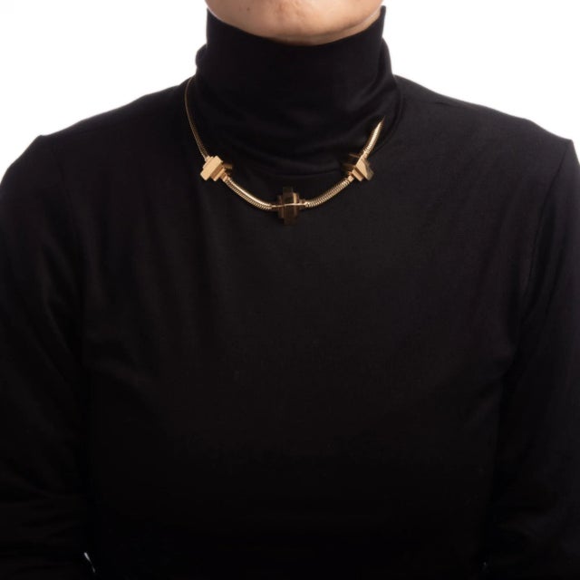 Contemporary Retro 40s Necklace 14k Gold Snake Chain Geometric Stations For Sale - Image 3 of 4
