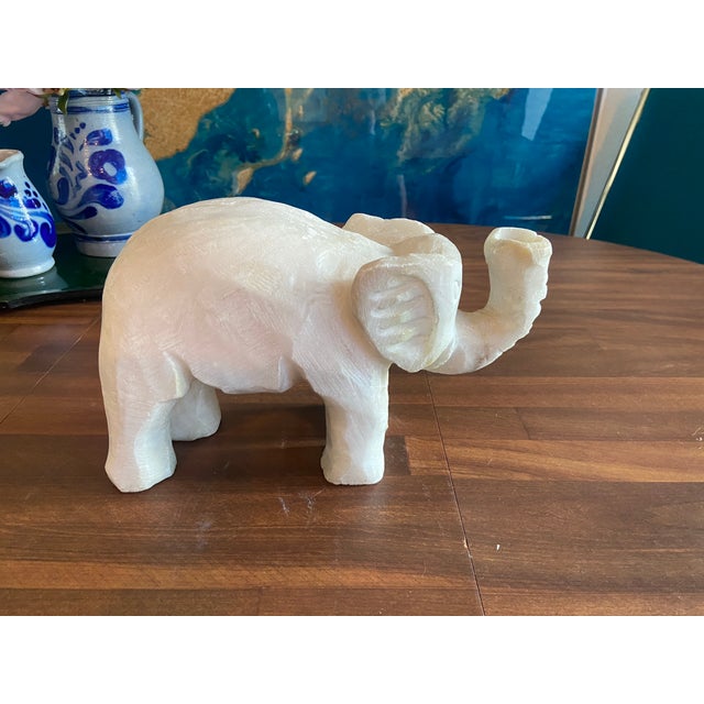 Vintage Hand-Carved Alabaster Elephant Sculpture – Mid-Century White Stone Figurine For Sale - Image 9 of 12
