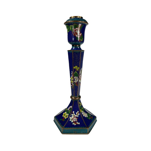 Chinoiserie Vintage Cloisonne Enamel Floral Chinoiserie Candlesticks - A Pair For Sale - Image 3 of 12