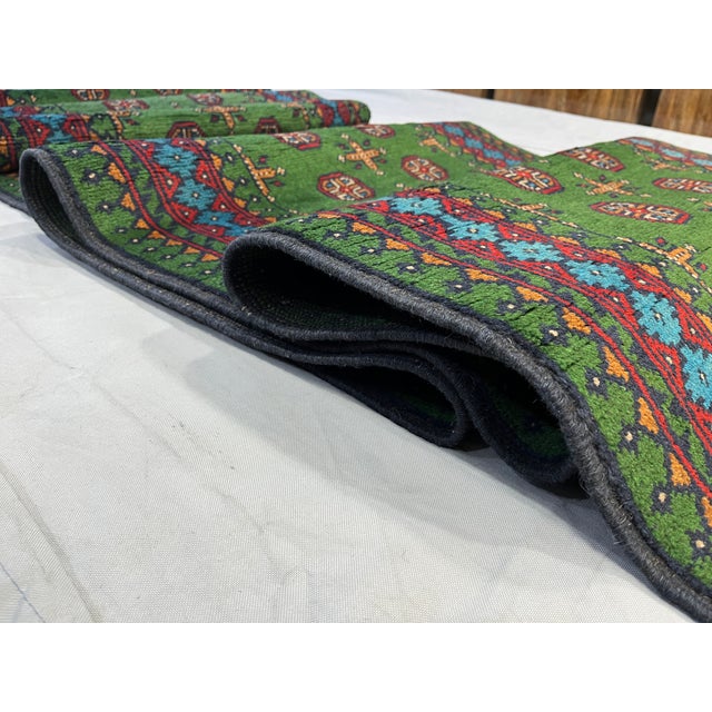 Green Tribal Geometric Hallway Runner Rug With Turquoise Border, 2'9" X 15'10" For Sale - Image 11 of 12