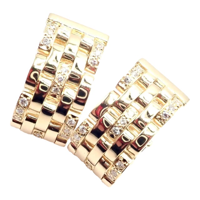 1980s Pair of Cartier Maillon Panthere Diamond 5 Row Hoop Yellow Gold Earrings For Sale