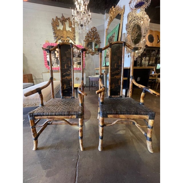 Black Pair of English Bamboo and Chinoiserie High Back Chairs For Sale - Image 8 of 9