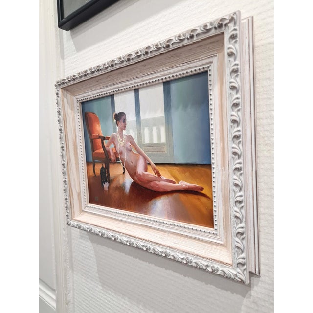 Contemporary The Orange Voltaire I by Linda Delahaye | Oil on panel Nude woman lounging beside an orange chair. For Sale - Image 3 of 5