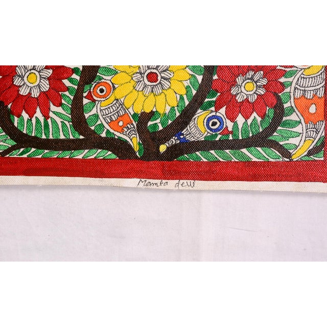 Folk Art Mamta Devi, 2016 National Award-Winning Artist – Hand-Painted Madhubani "The Tree of Life With Auspicious Birds and Blooms" Painting on Canvas For Sale - Image 3 of 4