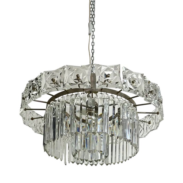 Mid-Century French 7-Light Chandelier with Crystals, 1960s For Sale