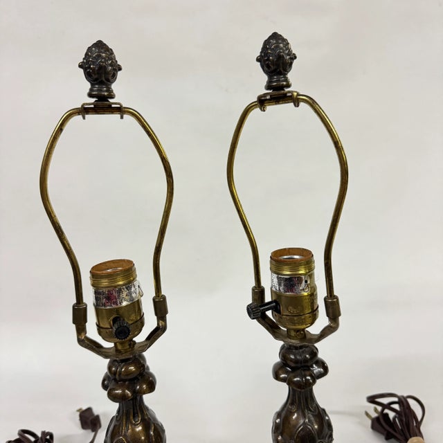 Metal Petite Art Nouveau Style Bronze Finish Table Lamps- A Pair For Sale - Image 7 of 12