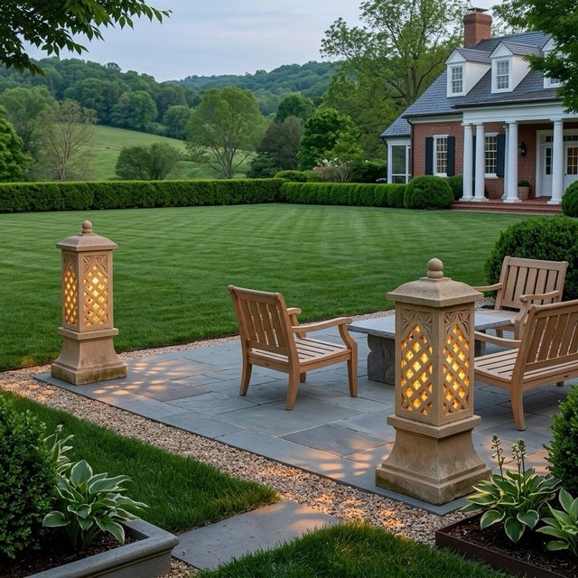 Pair of Monumental Cast Stone Pagoda Garden Lanterns For Sale - Image 9 of 12