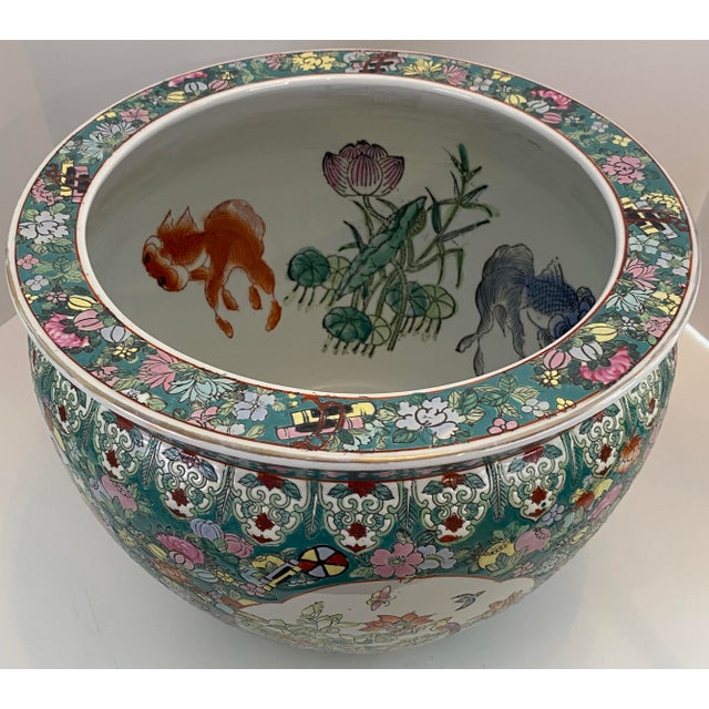 Chinese Famille Verte Style Porcelain Fish Bowl Jardinière Phoenix & Lotus, 20th For Sale - Image 13 of 18