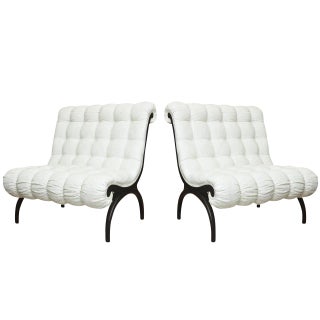 Vintage Grosfeld House Hollywood Regency Lounge Chairs, Mini Settees Black Wood and White Chenille Upholstery Vintage For Sale