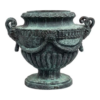 Neoclassical Classical Style Cast Iron Garden Urn With Ram's Head Handles For Sale