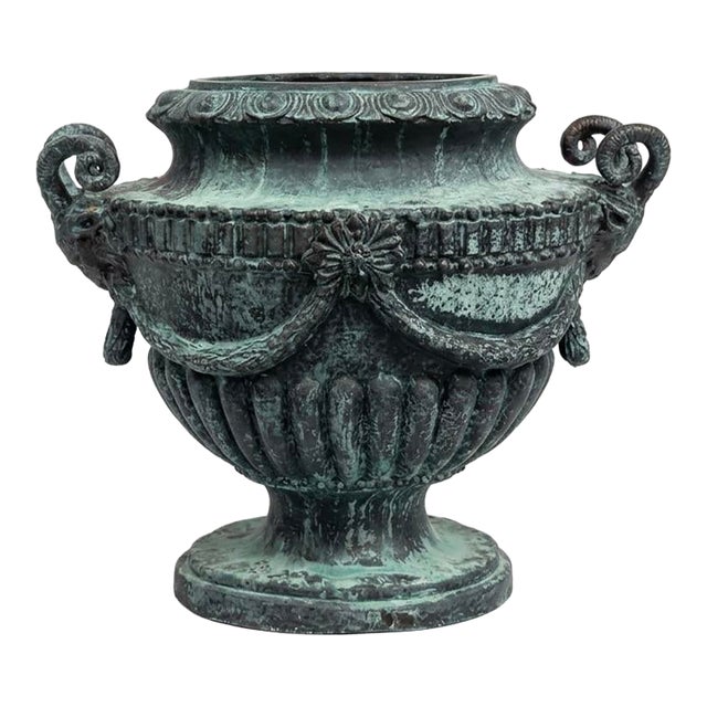 Neoclassical Classical Style Cast Iron Garden Urn With Ram's Head Handles For Sale