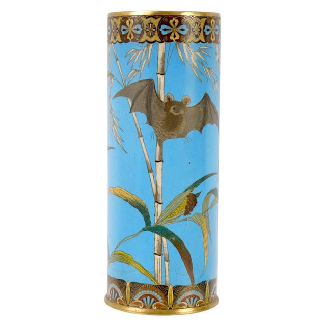 Metal Large Japanese Cloisonne Enamel Vase Bat Bamboo Meiji Period For Sale - Image 7 of 7