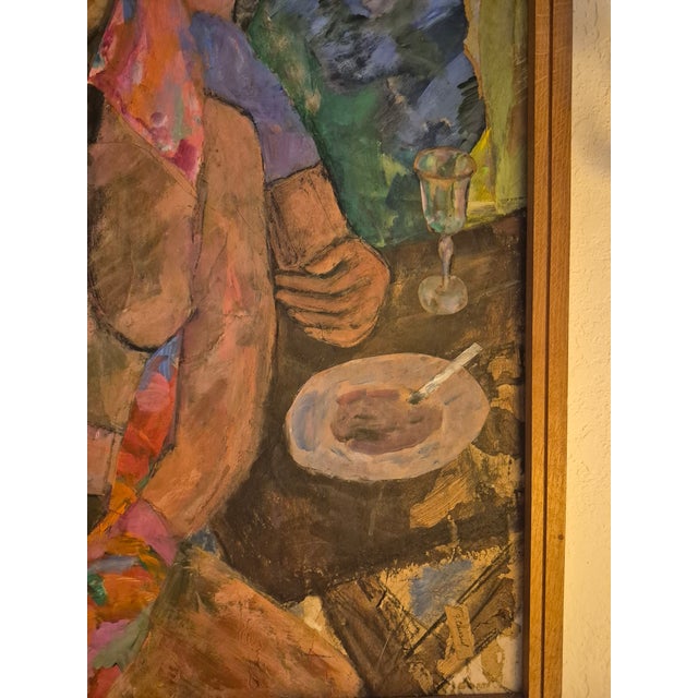 Striking vintage acrylic painting on board of three figures in a room titled Party Time on the back..Signed F. Chusid and...