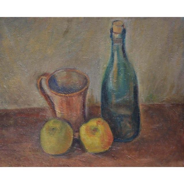 Vintage still life in earthy hues of a wine bottle with two golden apples and a copper mug by California artist Friedel...