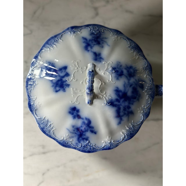 Late 19th Century Antique Victorian w.h. Grindley Flow Blue Lidded Chamber Pot - "Harley" Pattern For Sale - Image 5 of 8