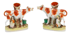 Antique Staffordshire Flatback Cow and Milkmaid Spill Vases- a Pair