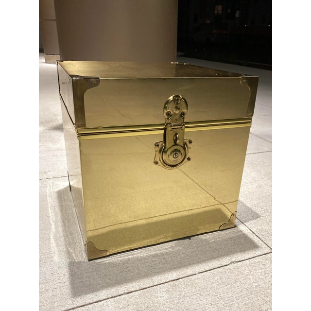 Vintage campaign style brass-clad cube nightstand, with original key, manner of Sarreid Ltd, Làton Decorator Trunks,...