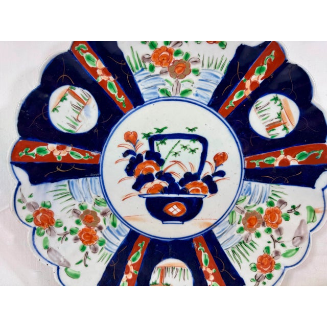 Late 19th Century Large Antique Scalloped Edge Porcelain Imari Plate Decorated With Rich Colored Floral & Landscape Scenes From Japan - Circa 1880 For Sale - Image 5 of 11