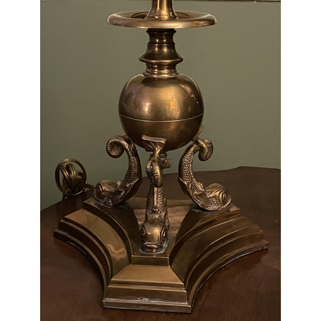 Chapman Manufacturing Company Pair Vintage 1987 Chapman Brass Dolphin Buffet Lamps Black Gold Foil Shades 37" For Sale - Image 4 of 13