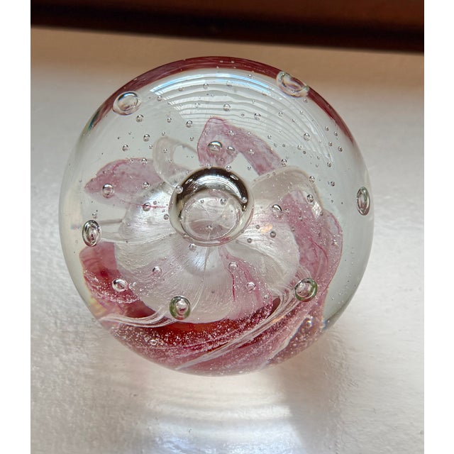 Vintage Clear Glass Paperweight With Pink Swirl and Controlled Bubbles For Sale - Image 6 of 6