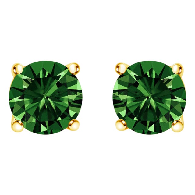 14K Yellow Gold 2.0 Cttw Lab Grown Green Diamond Classic Solitaire Stud Earrings For Sale