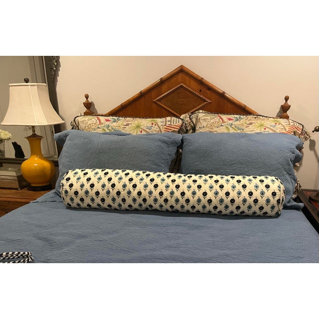 Schumacher Bolster Pillow With Schumacher Avodica Embroidery Aegean Fabric For Sale - Image 4 of 5