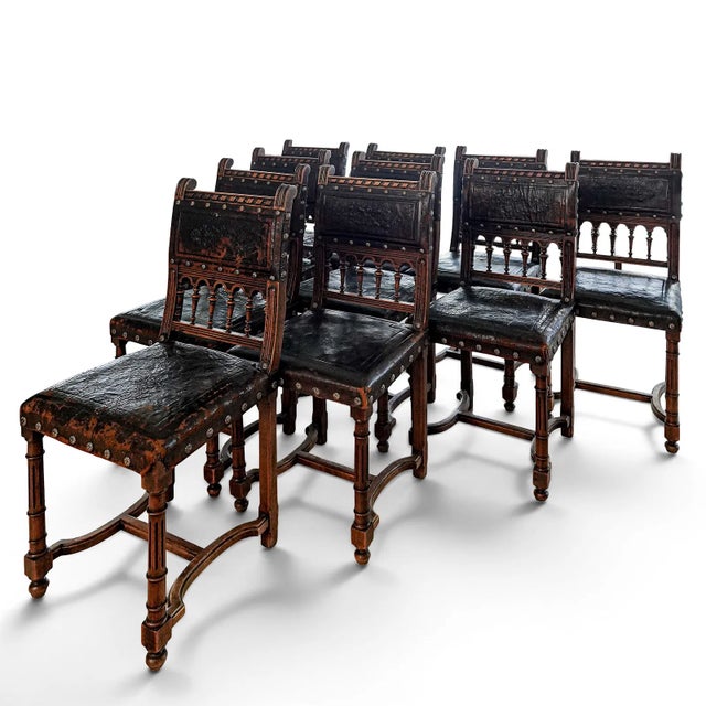 Late 19th Century Set of 10 Antique French Renaissance Revival Chairs - Embossed Leather Chairs For Sale - Image 5 of 5