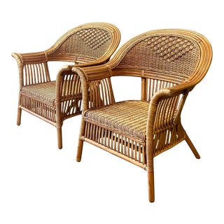 Vintage Coastal Rattan Lounge Chairs - a Pair For Sale